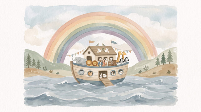 Noahs ark under rainbow watercolor nursery christian illustration
