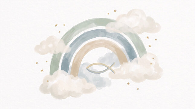 Pastel rainbow with christian fish symbol watercolor nursery illustration
