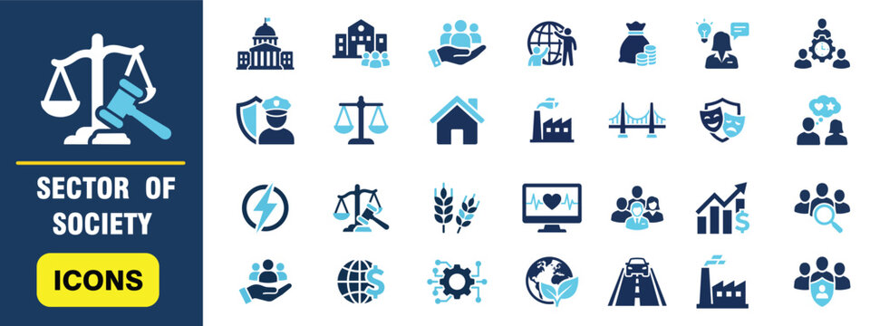 A set of icons representing various sectors of society including government, law, finance, health, education, and social services, isolated on white.