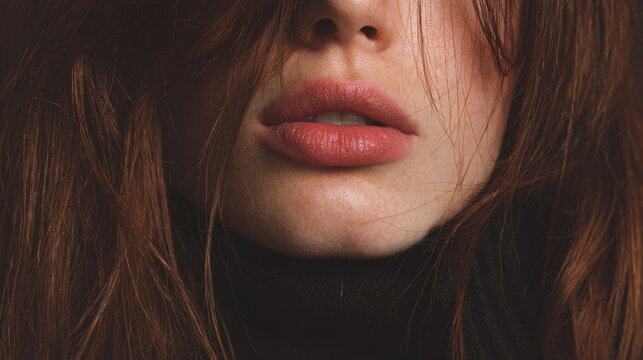 Woman with natural full lips and flowing auburn hair framed by a black turtleneck sweater offering a soft and intimate portrait style image