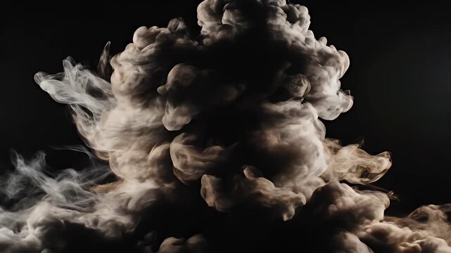 A dramatic black and white photograph showcases billowing smoke or vapor against a stark black background, creating a sense of mystery and movement.