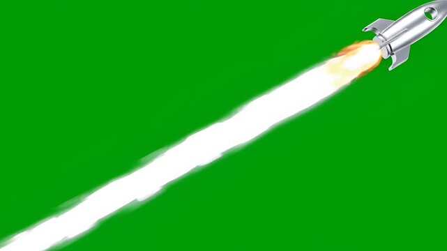 Silver Rocket Ship Launching with Fiery Exhaust Trail on Green Screen Background.