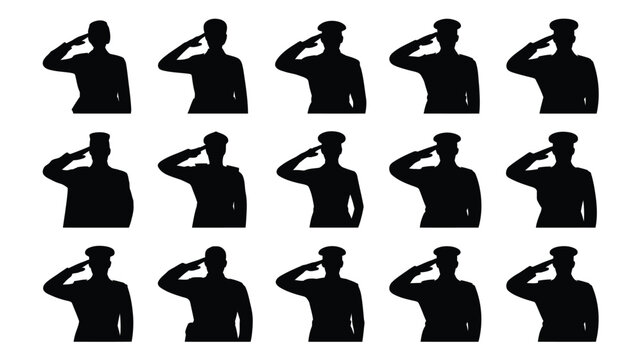 Silhouettes of soldiers saluting in various uniforms and poses black icons on white background symbolizing respect and patriotism