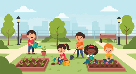 Obraz premium A cartoon illustration of five diverse children happily gardening in a city park with garden beds, watering cans, and shovels on a sunny day.