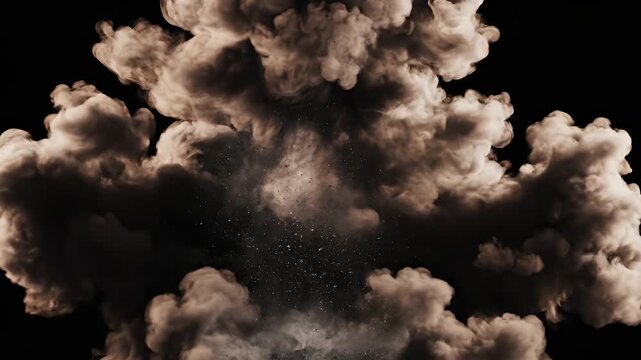A dramatic, monochromatic image showcases a billowing cloud of dust or smoke against a stark black background, creating a sense of mystery and power.