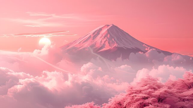Dreamy Pink Mount Fuji Landscape with Cherry Blossoms and Soft Fantasy Clouds