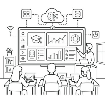Conceptual Illustration Featuring an Open Book Integrated with Artificial Intelligence and Cloud Computing Data Analytics Icons
