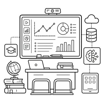 Conceptual Illustration Featuring an Open Book Integrated with Artificial Intelligence and Cloud Computing Data Analytics Icons