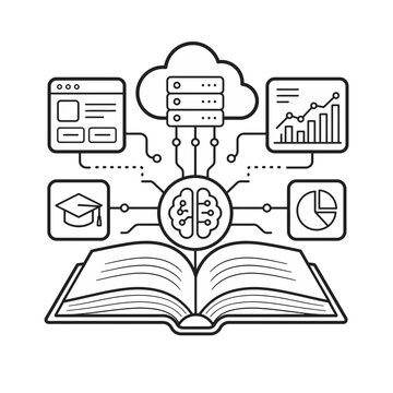 Conceptual Illustration Featuring an Open Book Integrated with Artificial Intelligence and Cloud Computing Data Analytics Icons