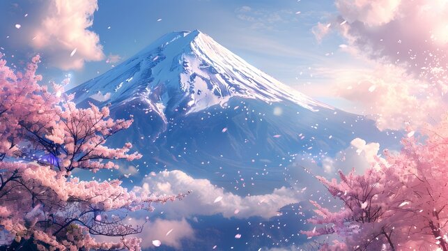 Dreamy Pink Mount Fuji Landscape with Cherry Blossoms and Soft Fantasy Clouds