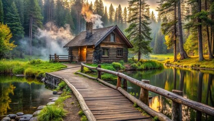 Fototapeta premium Serene Lakeside Cabin Retreat with Misty Morning Atmosphere and Wooden Footbridge Path