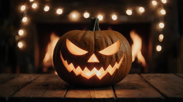 A glowing jack-o'-lantern sits on a rustic wooden table, illuminated against a background of a blurred fireplace and twinkling string lights.