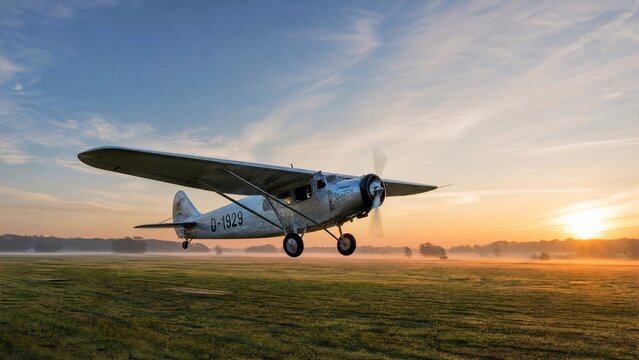 monoplane. Vintage monoplane taking off from a grassy airstrip at dawn against a vast sky. mobility guides, transit brochures, designed for mobility and urban transit guides, used by store managers.