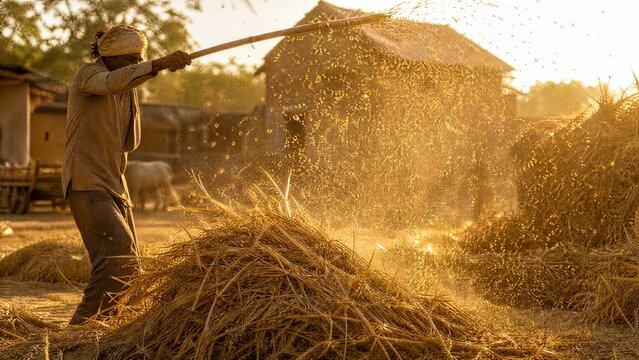 flail. Golden wheat grains flying from sheaves during threshing. safety posters, maintenance manuals, designed for industrial assembly lines and welding operations, supports safety.