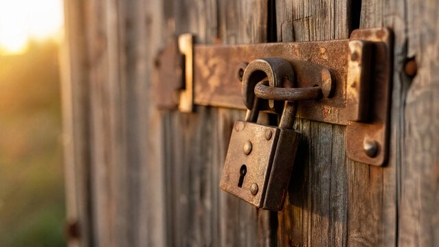 hasp. A weathered rusty hasp and padlock on a rustic barn door. real-estate listings, architecture portfolios, designed for interior renovation comparisons for interiors.