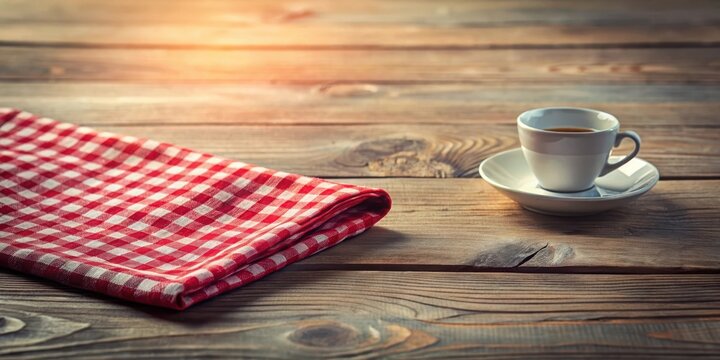 A rustic wooden tabletop scene featuring a folded red and white checkered napkin and a cup of coffee on a saucer
