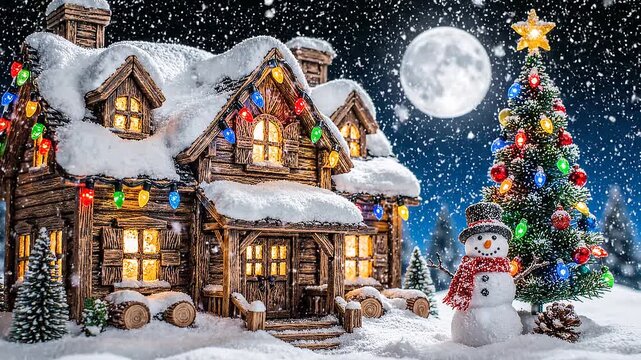 A magical winter scene featuring a rustic log cabin decorated with festive lights, a glowing Christmas tree, and a friendly snowman.
