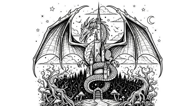 Fantasy dragon silhouette perched on castle with night sky background illustration