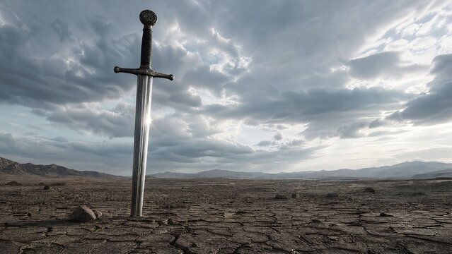 longsword. A medieval longsword plunged into cracked earth under sunlight. event programs, museum guides, designed for cultural heritage projects and event programs, elevates cultural identity.