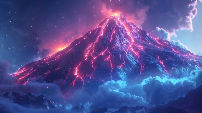 Futuristic Neon Mount Fuji with Glowing Lava and Cyberpunk Energy Landscape