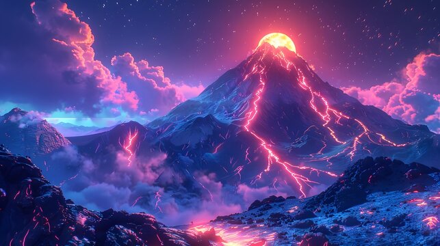 Futuristic Neon Mount Fuji with Glowing Lava and Cyberpunk Energy Landscape
