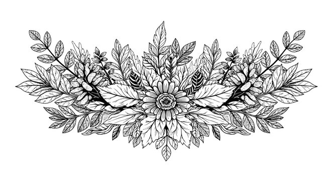 Elegant floral arrangement illustration in grayscale with intricate leaf details