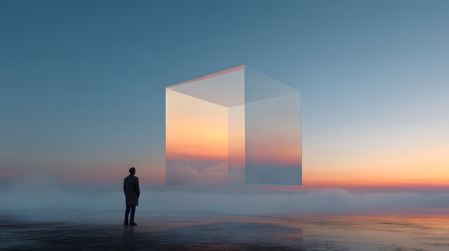 A man standing on a misty shore looking at a large, transparent, floating glass cube reflecting the sunset sky