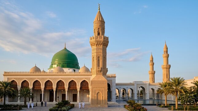 Ornate mosque with green dome and minarets in a serene courtyard at sunset