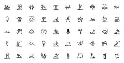Beach icon set. Minimal line icons pack. Featuring sunbathing, surfing, crab, lighthouse, snorkel, starfish, sunset, beach ball, dolphin, sand castle and more. © wang