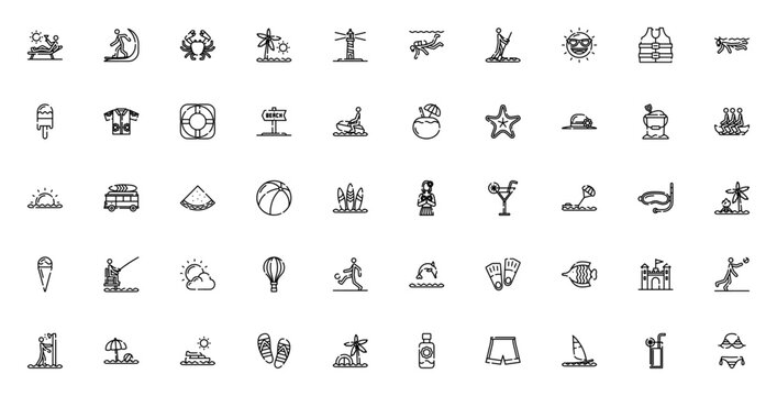 Beach icon set. Minimal line icons pack. Featuring sunbathing, surfing, crab, lighthouse, snorkel, starfish, sunset, beach ball, dolphin, sand castle and more.