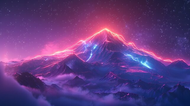 Futuristic Neon Mount Fuji with Glowing Lava and Cyberpunk Energy Landscape