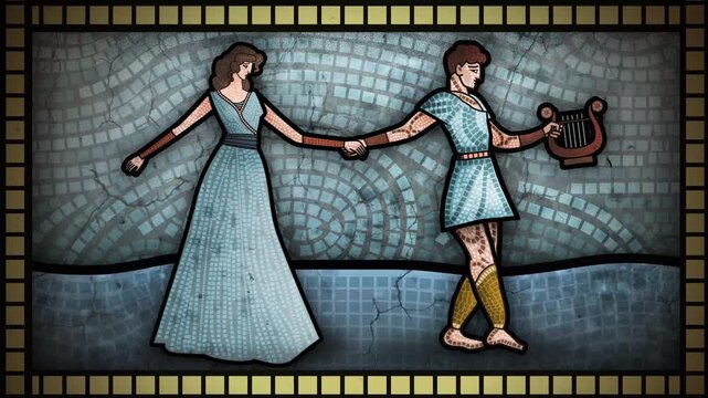 orpheus holding lyre and walking hand in hand with eurydice in roman mosaic style