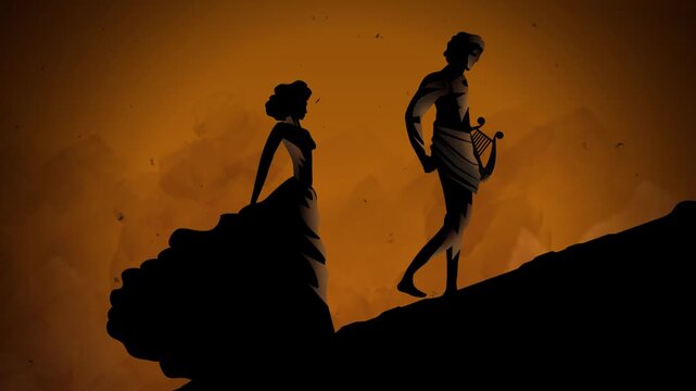 orpheus walking before eurydice in orange greek vase style