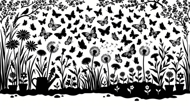 Black and white floral border, dandelion flowers and butterflies, vector illustration, garden landscape design element