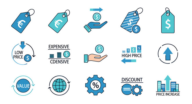 Collection of price tag icons illustrating discounts, pricing and sales.