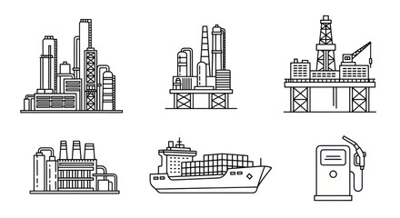Naklejka premium Industrial Complex Icons: Oil Rig, Refinery, Gas Station, Cargo Ship, Factory