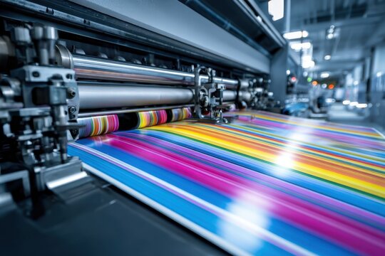 High-speed industrial printing machine producing vibrant multicolored striped patterns on paper in a modern factory environment with focused mechanical details