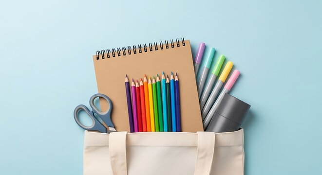 Tas kanvas berisi buku sketsa dan alat tulis warna-warni melambangkan persiapan pendidikan dan kreativitas seni