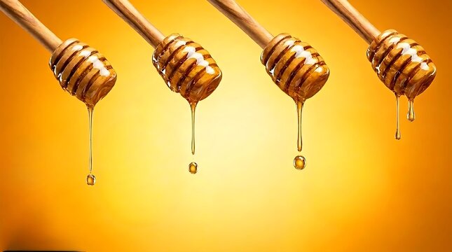 Empat sendok madu kayu dengan tetesan cairan madu keemasan melambangkan kemurnian alam dan nutrisi manis