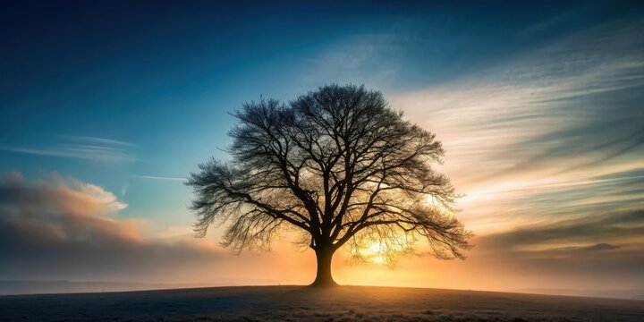 Serene Silhouette of a Leafless Tree at Dawn on a Misty Field