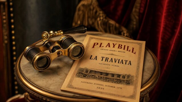 playbill. Vintage opera glasses and a playbill on a table with a red velvet background. event programs, museum guides, designed for cultural heritage projects and event programs, supports education.