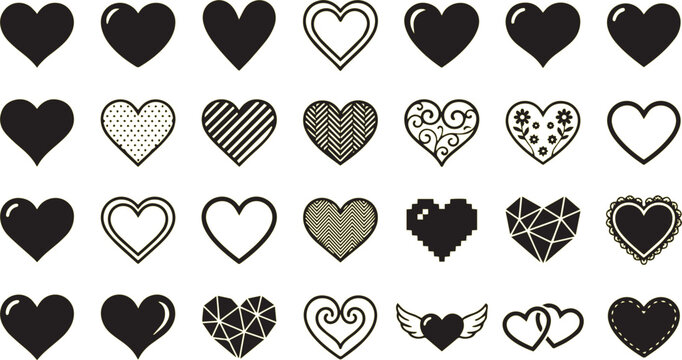 Hearts collection presents a diverse array of black symbols featuring various decorative patterns and outlined shapes on a clean white background.