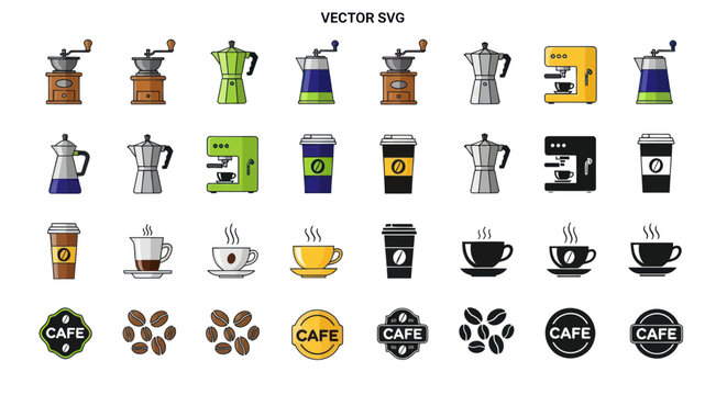Coffee Icons Set: Makers, Cups, Beans, and Cafe Logos