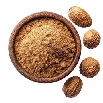 Nutmeg powder in a wooden bowl with whole nutmeg seeds isolated on transparent background