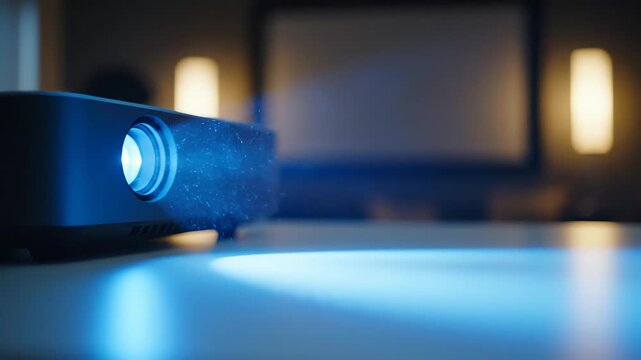 Modern digital projector emitting blue light in dark room. 4K Video