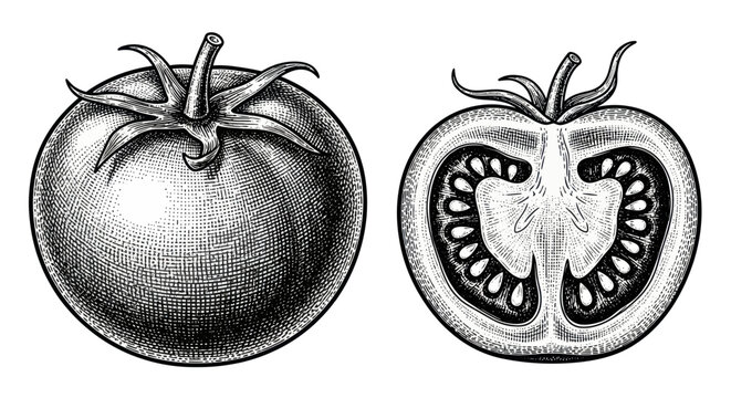 Vintage Tomato Illustration: Whole and Halved