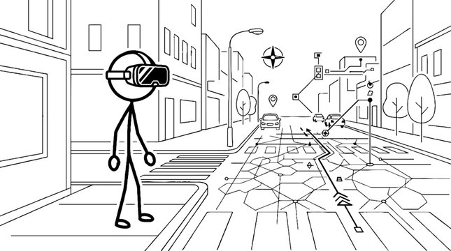 Person navigating city street with augmented reality overlay