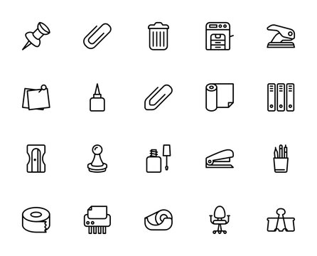 Office icon set. Minimalist icons pack. Includes symbols for pin, paper clip, trash, copy machine, hole puncher and more. Editable vector stroke.