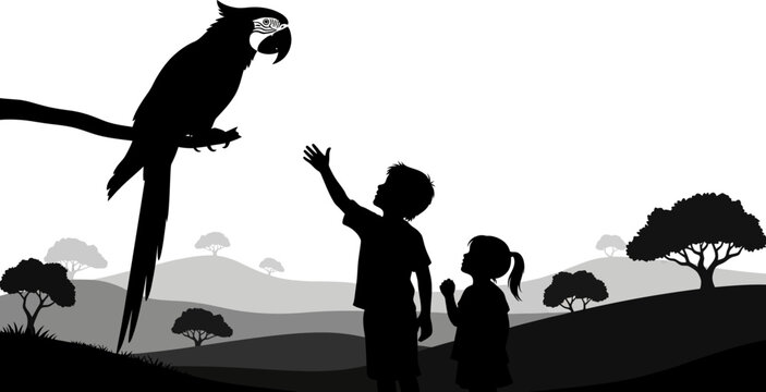 Children observing a large parrot in a silhouette landscape