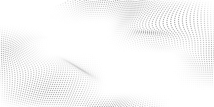 Abstract halftone background with wavy surface made of gray dots on white.